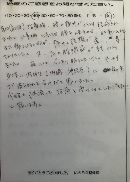 腰の痛みがかなり軽減されました！ 40代 女性